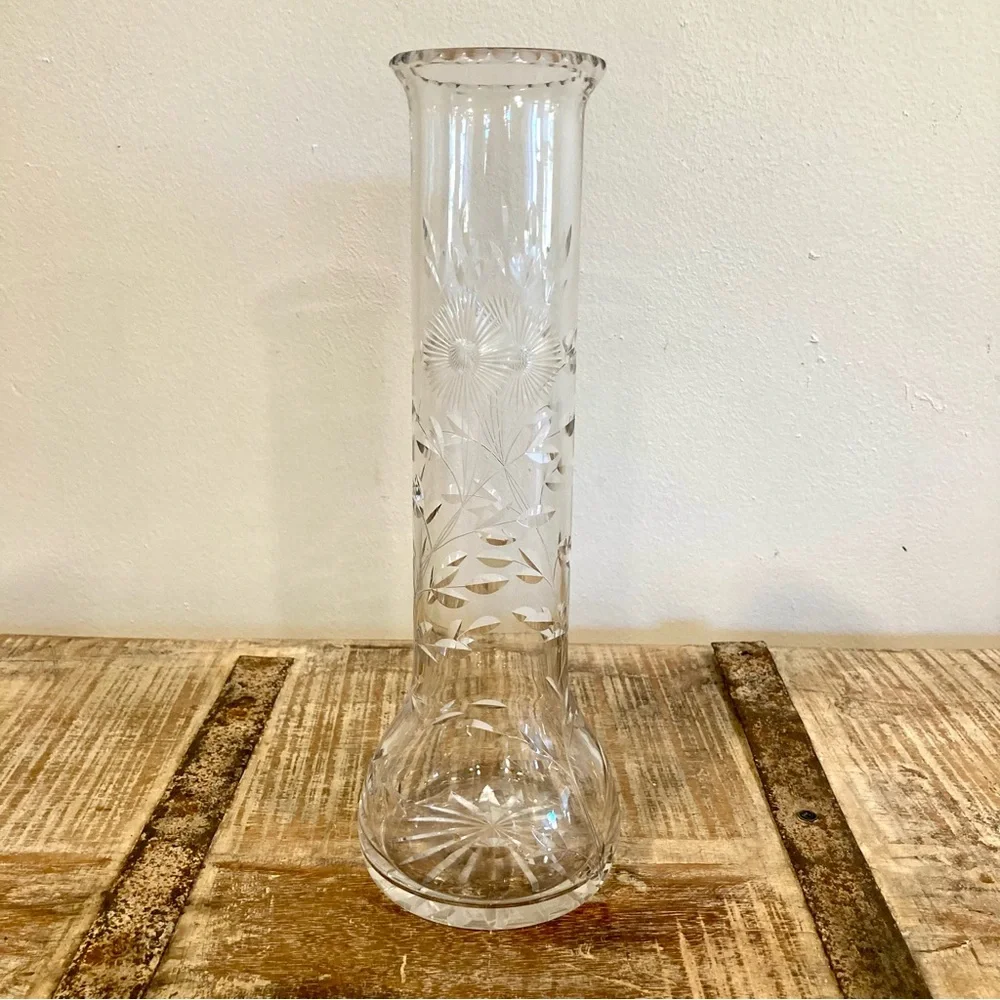 Vintage Etched Glass Vase with Floral Design Starburst Base Cottagecore Decor